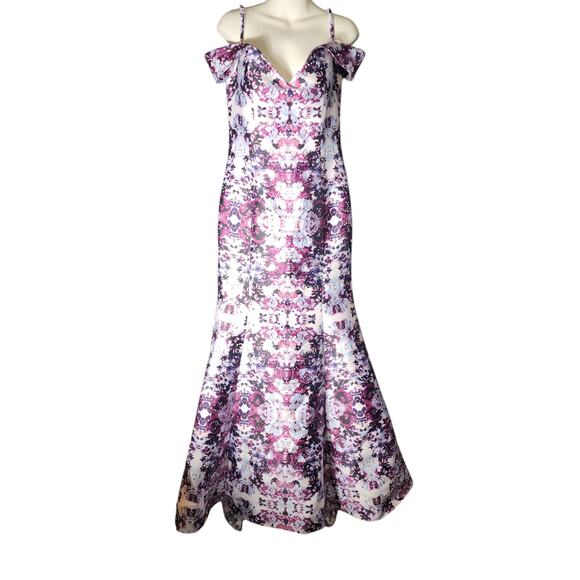 Xscape 12 Floral Ikat Rhinestone Jeweled Long Trumpet Mermaid Prom Dress Purple - Picture 1 of 13